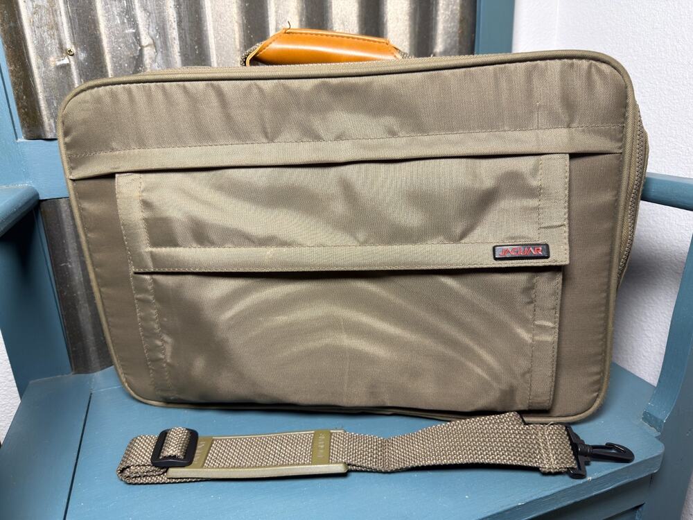 Jaguar 90s Olive Green Nylon Briefcase Messenger Laptop Bag Faux Leather Handle